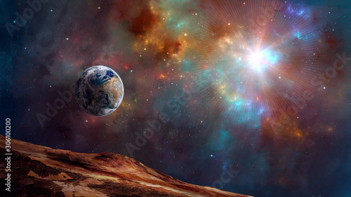 Fototapeta Naklejka Na Ścianę i Meble -  Space background. Earth planet with colorful fractal nebula. Elements furnished by NASA. 3D rendering