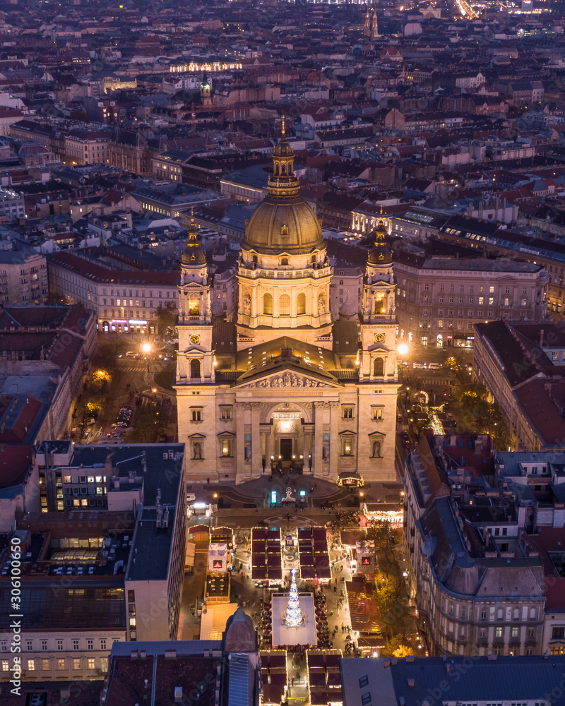 St. Stephen's Basilica in Budapest Hungary at night