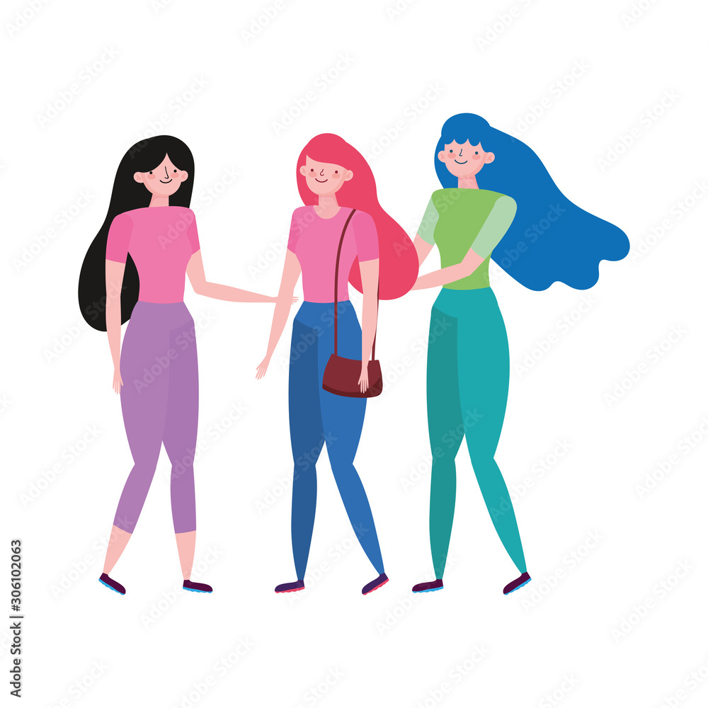group young women characters together group young women characters together