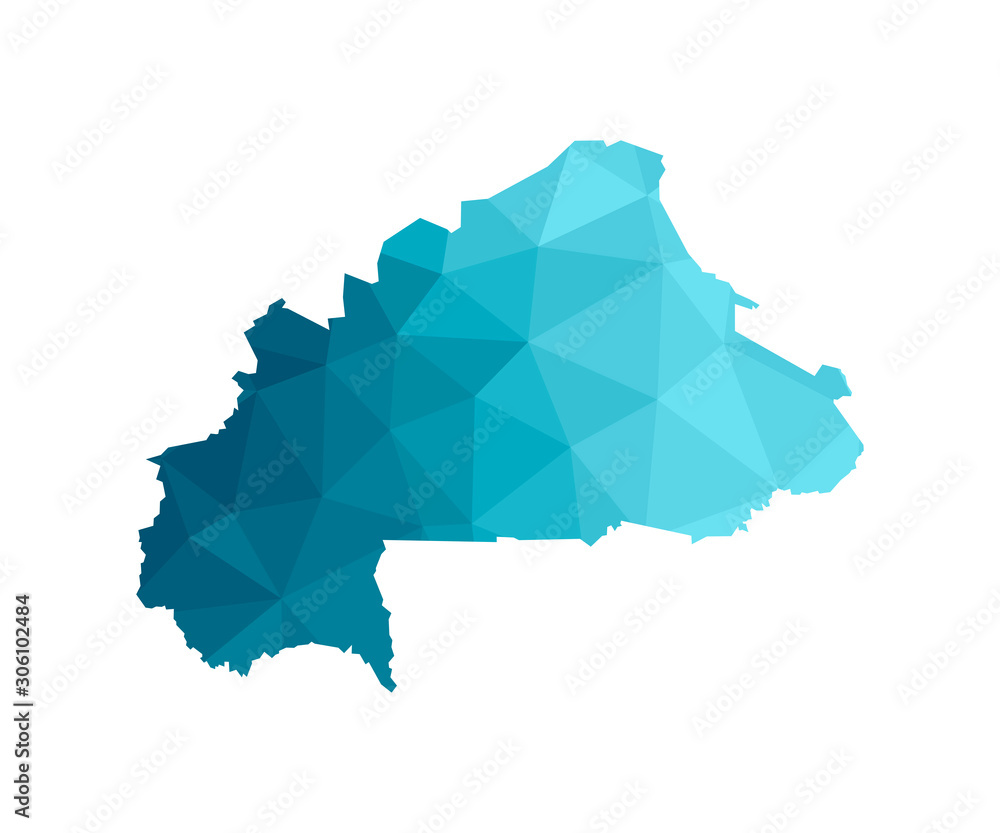 Vector isolated illustration icon with simplified blue silhouette of Burkina Faso map. Polygonal geometric style, triangular shapes. White background Vector isolated illustration icon with simplified blue silhouette of Burkina Faso map. Polygonal geometric style, triangular shapes. White background