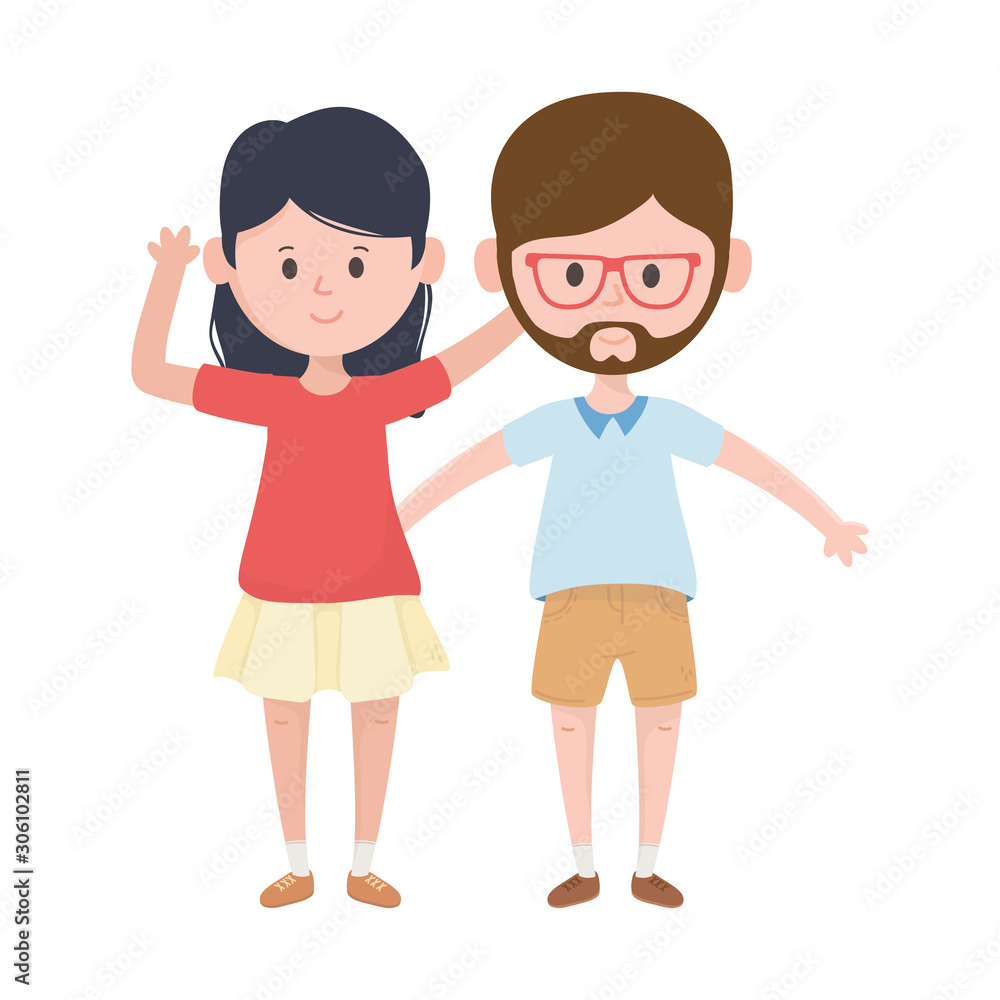 young couple standing characters cartoon