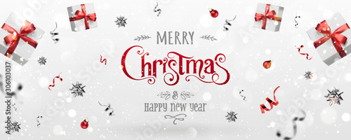 Red Christmas and New Year Text on Xmas background with flying gift boxes, red ribbon, decoration, sparkles, confetti, bokeh. Merry Christmas card. Vector Illustration, realistic vector
