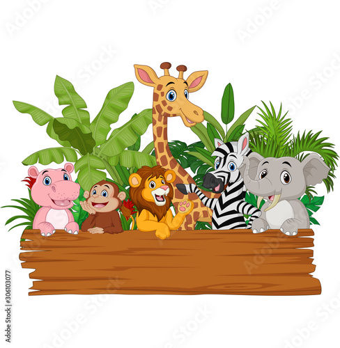 Cartoon wild animals holding blank board