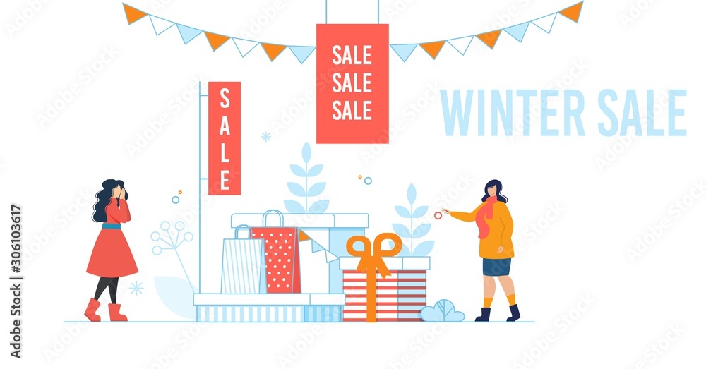 Cartoon Poster with Winter Sale Offer Flat Design