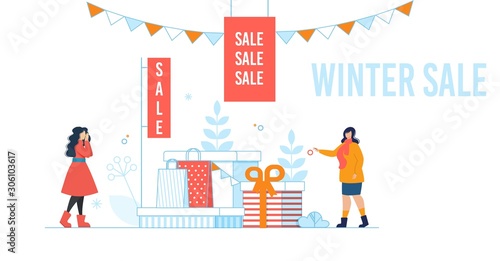 Cartoon Poster with Winter Sale Offer Flat Design