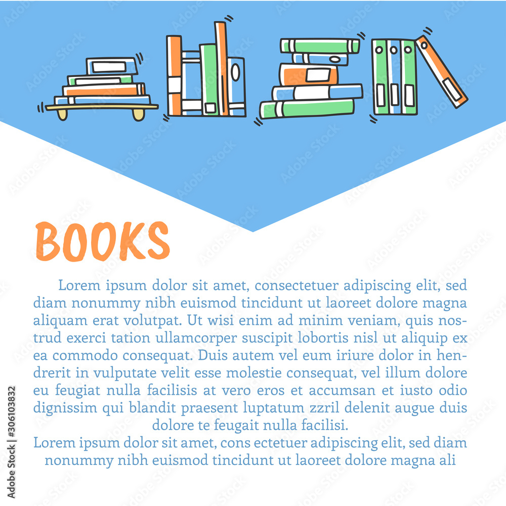 Different books and magazines vector banner in doodle and sketch style. Hand drawn poster. Different books and magazines vector banner in doodle and sketch style. Hand drawn poster.
