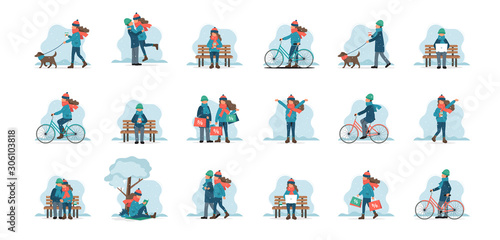 People doing winter activities. Set of male and female characters outdoor in winter clothes. Cute vector illustration in flat style