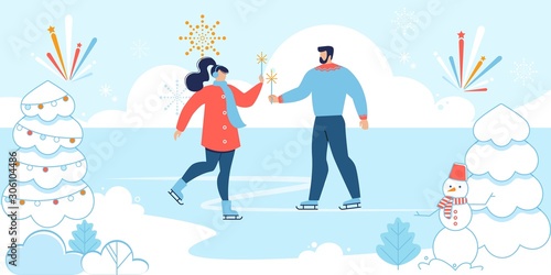 Cartoon Man and Woman in Love Skating on Rink