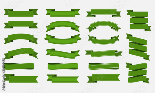 Set of green ribbon and banner vector design on white background.