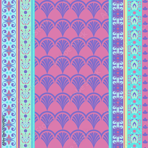 Vector decorative paisley border. Indian floral horizontal seamless pattern. Blue and pink paisley border