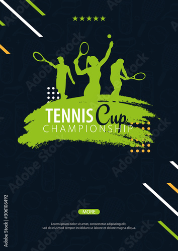 Tennis Championship banner, design with player and racquet on dark background. Vector illustration.