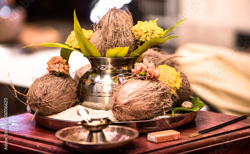 Photography Beautiful photo from India of Pooja Thaali (Praying Tray) kept ready as an offering to God for traditional Hindu prayer ceremony