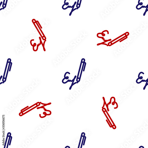 Blue and red Signature line icon isolated seamless pattern on white background. Pen and undersign, underwrite, ratify symbol.  Vector Illustration