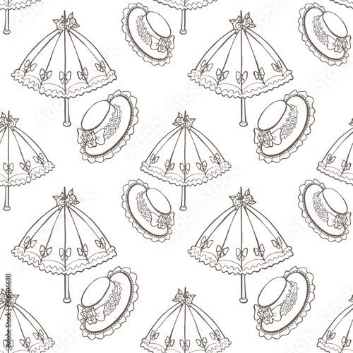 Illustration of vintage umbrella  hat. Seamless background fashionable modern wallpaper or textile.