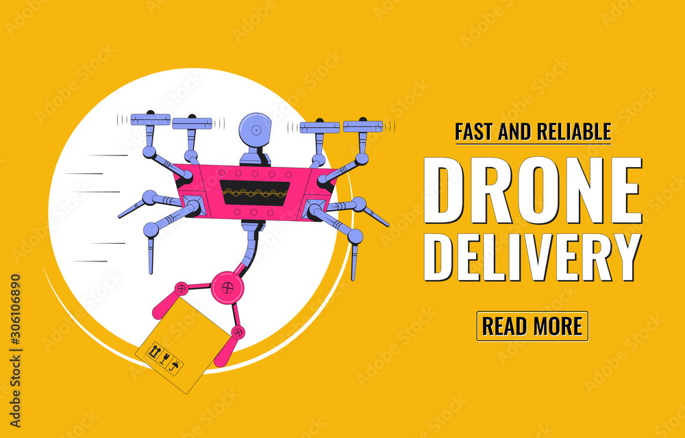 Delivery service concept. Flying Drone holding box. Air Delivery. Delivery drone with cargo. Vector illustration