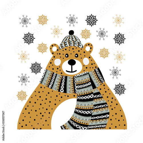 Art vector monochrome Christmas illustration with cute cartoon bear and snowflakes on white. Artwork for use in design of scandinavian style
