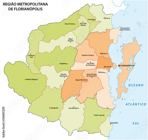 Administrative map of the Florianopolis metropolitan area in the Brazilian state of Santa Catarina