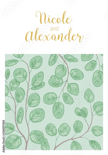 Wedding invitation card with eucalyptus leaves. Hand drawn plant branches and...
