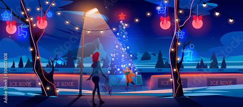 Girl with mother at night Christmas ice rink with decorated fir tree and lights. Woman with little daughter skating in public place, walking in winter park at nighttime. Cartoon vector illustration