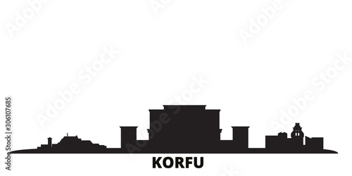 Greece, Korfu city skyline isolated vector illustration. Greece, Korfu travel cityscape with landmarks