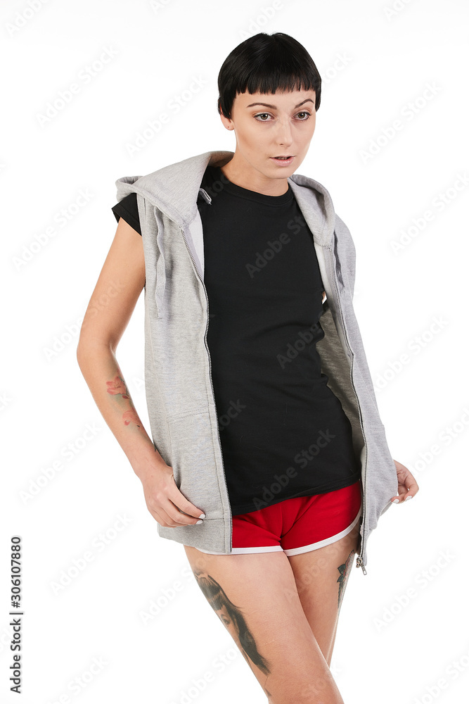 Fototapeta premium Blank t-shirt mock-up - Beautiful retro sports fashion girl ready for your design