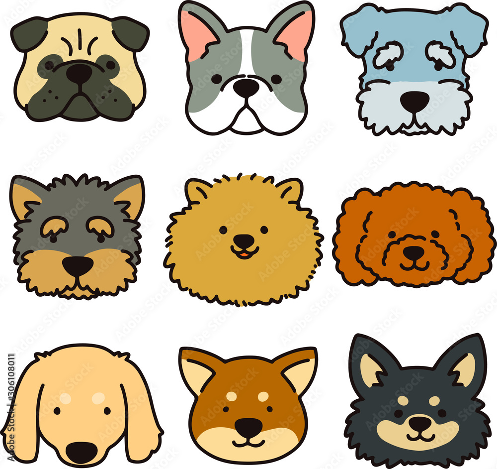 Fototapeta premium Set of outlined colorful dog faces
