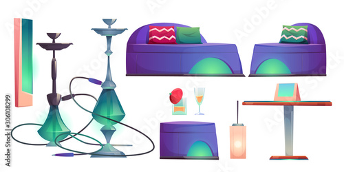 Shisha hookah bar set, cafe for smoking stuff isolated on white background, chillums, table, drinks, comfortable couches, lamps. Lounge in arabic or turkish style Cartoon vector illustration, clip art