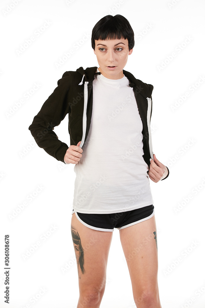 Fototapeta premium Blank t-shirt mock-up - Beautiful retro sports fashion girl ready for your design