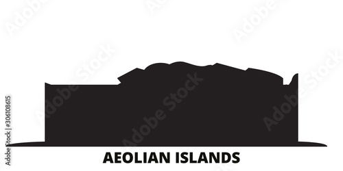 Italy, Aeolian Islands city skyline isolated vector illustration. Italy, Aeolian Islands travel cityscape with landmarks