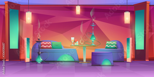 Shisha hookah bar interior, empty cafe for smoking with chillums standing on table with drinks and comfortable couches. Lounge in arabic or turkish style with muffled light Cartoon vector illustration
