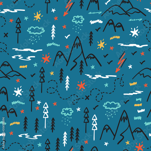 Camping Nature Vector Background for Kids. Cartoon Mountain and Forest Area Map Seamless Pattern. Hand Drawn Doodle Mountains, Hills, Trees, Hiking Trails and Night Starry Sky