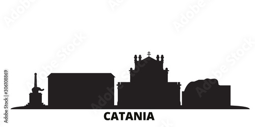 Italy, Catania city skyline isolated vector illustration. Italy, Catania travel cityscape with landmarks