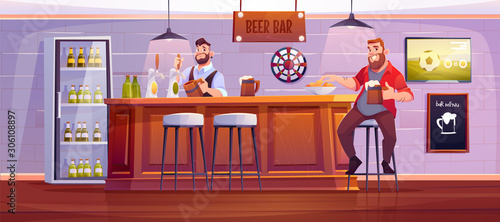 Man in beer bar. Visitor at pub sit on high stool at wooden desk with barman pouring drink to cup, bottles in fridge, menu board, darts and tv with football match on wall Cartoon vector illustration
