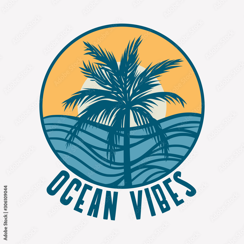 Ocean vibes with vintage retro illustration of the beach and palm tree