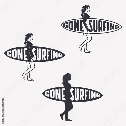 Gone surfing quote typography with vintage illustration women walking with the surf board