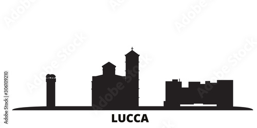 Italy, Lucca city skyline isolated vector illustration. Italy, Lucca travel cityscape with landmarks