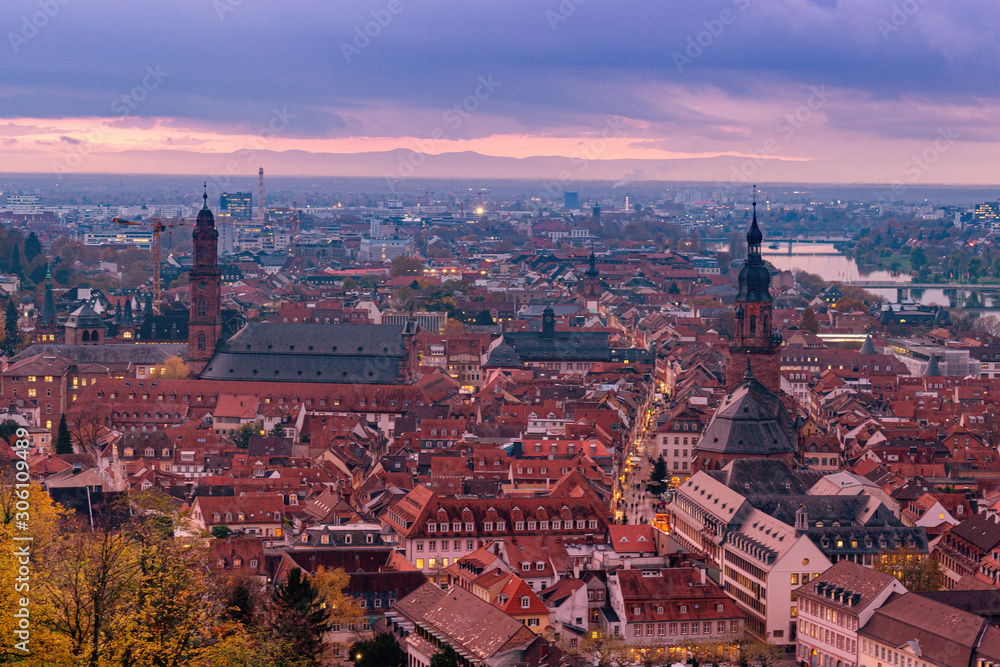 Panoramic view and the castle of Heidelberg city in the evening, Germany.