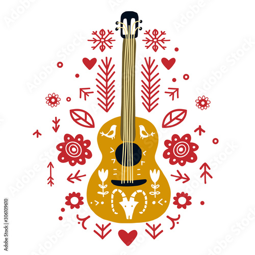 Guitar flat hand drawn in ethnic style. 