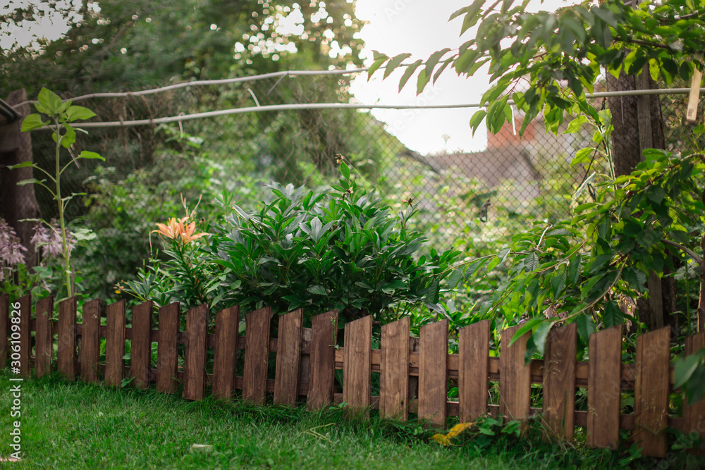 Lawn and flowerbed with wooden fence picket fence Lawn and flowerbed with wooden fence picket fence