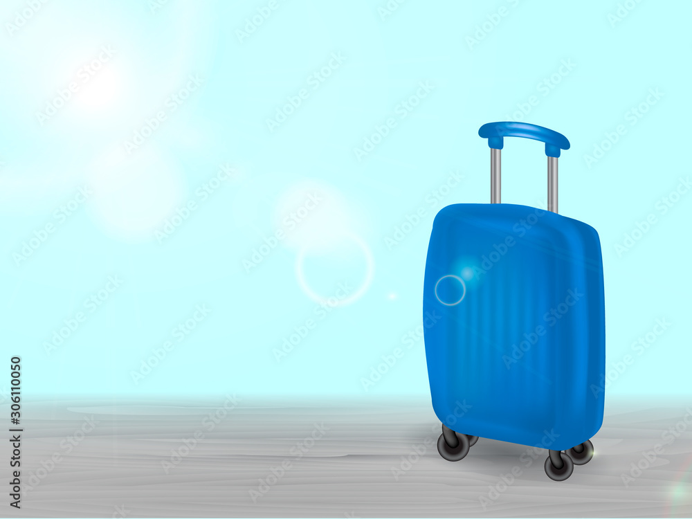 Obraz premium Sunny background with blue suitcase. Vector illustration for poster.