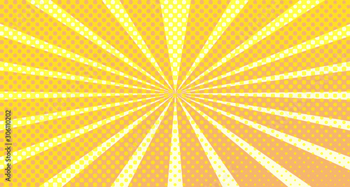 Vintage colorful comic book background. Orange blank bubbles of different shapes. Rays, radial, halftone, dotted effects. For sale banner empty Place for text 1960s. Copy space vector eps10.