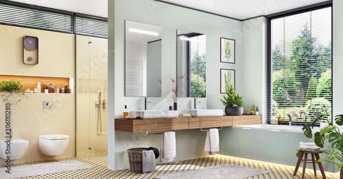 Papier peint Modern bathroom with two sinks and bathtub