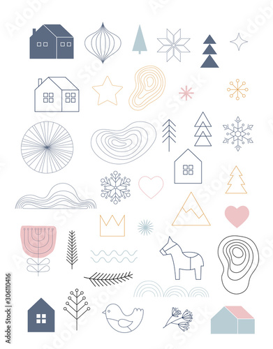 Christmas illustrations, hand drawn simple elements and icons in Scandinavian trendy style. Vector illustration
