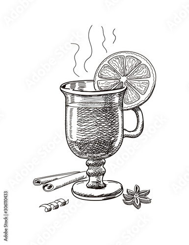 Mulled wine glass with cinnamon stick. Hand drawn illustration