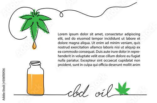 Cbd oil drop, bottle, hemp or cannabis leaf. One line vector illustration. Oil with cannabidiol background.