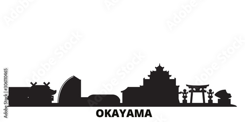 Japan, Okayama city skyline isolated vector illustration. Japan, Okayama travel cityscape with landmarks