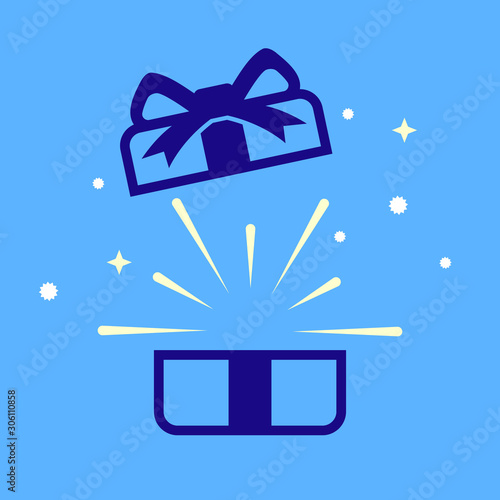 Open gift box with snow, sparkles and rays. Suprise lined vector icon. Birthday, Christmas event symbol.