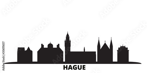 Netherlands, Hague city skyline isolated vector illustration. Netherlands, Hague travel cityscape with landmarks