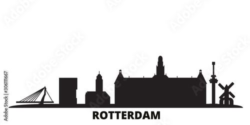 Netherlands, Rotterdam city skyline isolated vector illustration. Netherlands, Rotterdam travel cityscape with landmarks