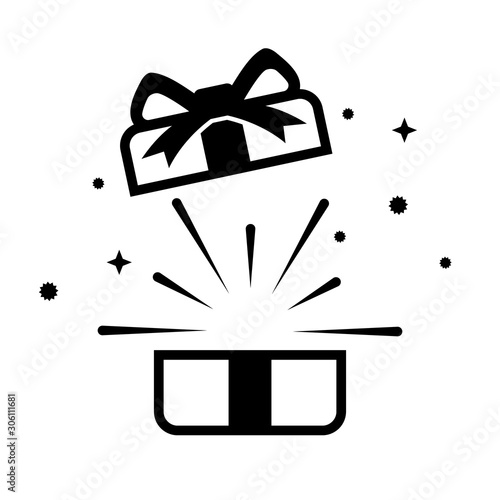 Open gift box with snow, sparkles and rays. Suprise lined vector icon. Birthday, Christmas event symbol. Isolated abstract illustration.